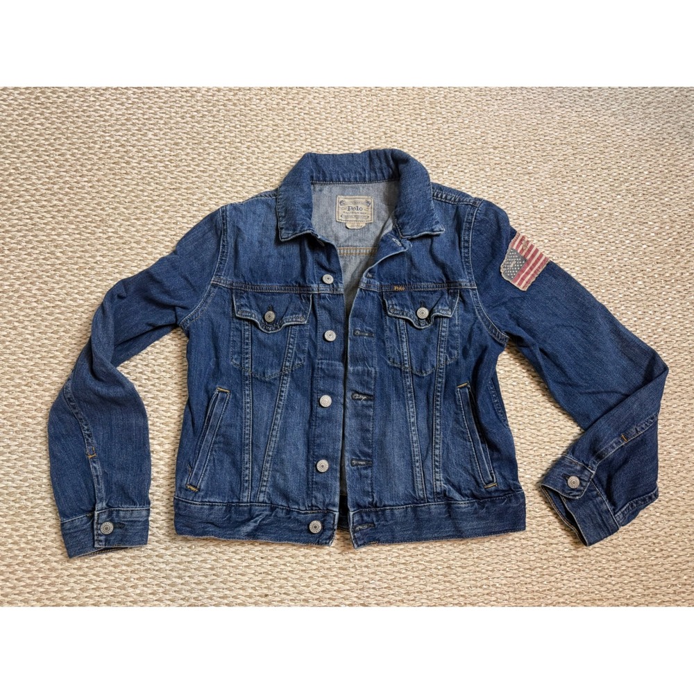 Polo Ralph Lauren Kids Blue Denim Trucker Jacket Flag Patch Size L 14-16